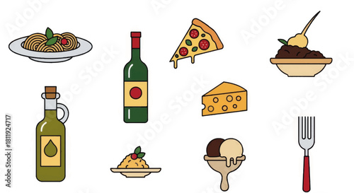 A set of Italian food icons in a flat design style. Vector illustration of classic cuisine elements for a restaurant menu