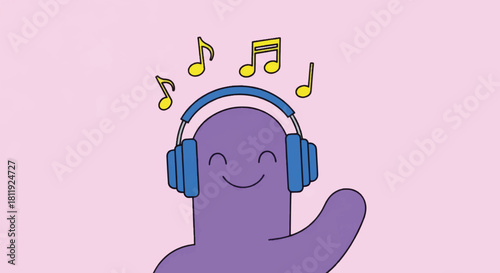 A happy cartoon character listening to music on headphones. Simple flat design vector illustration of a cheerful mascot enjoying a song