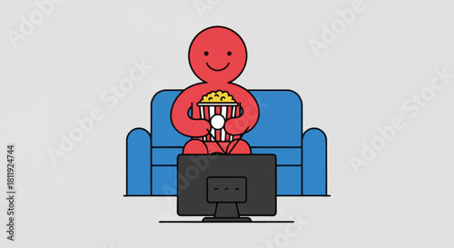 A happy character watching a movie on tv from a couch. Flat vector illustration of a person eating popcorn. Home entertainment and relaxation concept