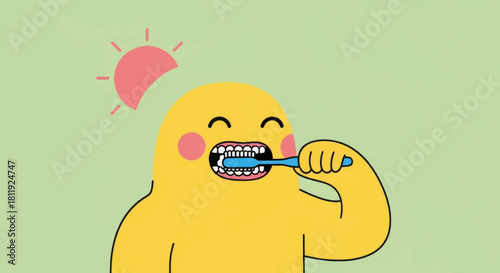 Happy cartoon character brushing teeth. Morning routine and dental hygiene concept. Flat design vector illustration