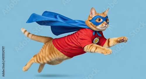 Adorable Orange Tabby Cat Dressed as a Superhero in Mid-Air Leap