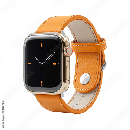Apple watch with orange leather band isolated on transparent background