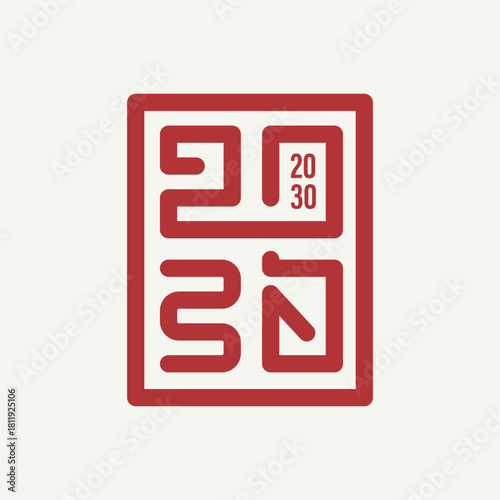 Minimalist 2030 Red Square Chinese Seal. Year Design in Asian Art