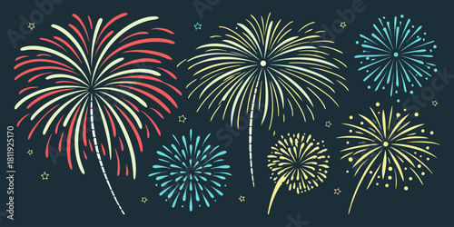 A vector collection showcasing  fireworks in various colors, isolated on a black background. Festival & Celebration Graphic Set”