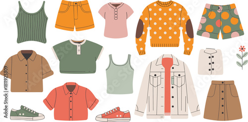 Casual clothing and accessory set, trendy outfit flat lay, colorful fashion illustration, modern wardrobe elements, stylish apparel design pack, vector garment collection