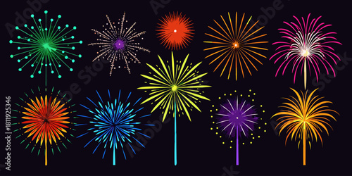 A vector collection showcasing  fireworks in various colors, isolated on a black background. Festival & Celebration Graphic Set”