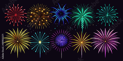 A vector collection showcasing  fireworks in various colors, isolated on a black background. Festival & Celebration Graphic Set”
