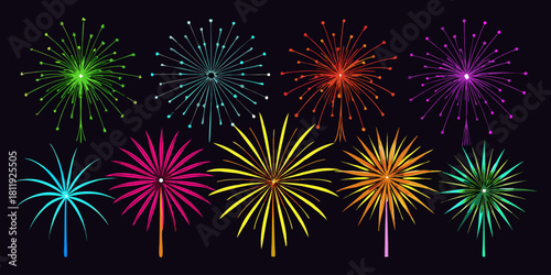 A vector collection showcasing  fireworks in various colors, isolated on a black background. Festival & Celebration Graphic Set”