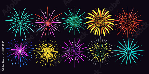 A vector collection showcasing  fireworks in various colors, isolated on a black background. Festival & Celebration Graphic Set”