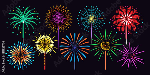 A vector collection showcasing  fireworks in various colors, isolated on a black background. Festival & Celebration Graphic Set”