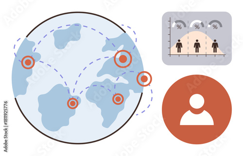 Globe with interconnected points, demographic graph, individual profile icon. Ideal for networking, global connectivity, data analysis, demographics, user behavior, research simple flat metaphor