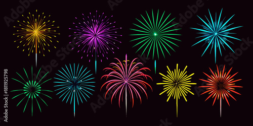 A vector collection showcasing  fireworks in various colors, isolated on a black background. Festival & Celebration Graphic Set”