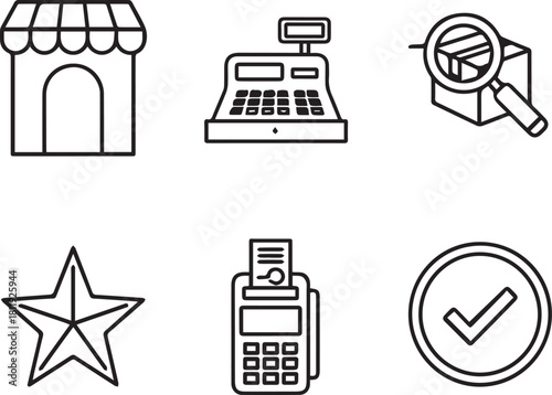 Minimalist Line Art Retail and Commerce Icon Set on White