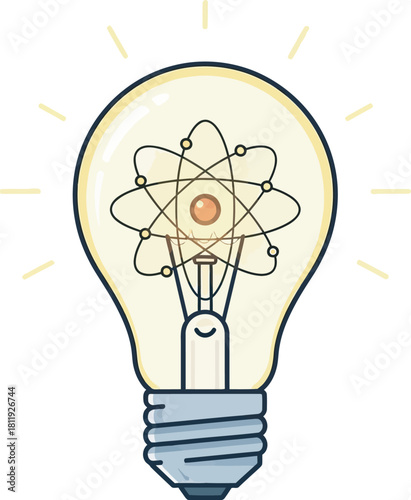A glowing cartoon light bulb with an atom symbol inside, radiating light. Bright, colorful vector for concepts of scientific innovation, physics ideas, energy, invention, or breakthrough knowledge.