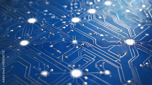 Macro close-up of a blue circuit board with intricate white conductive traces, tech concept.