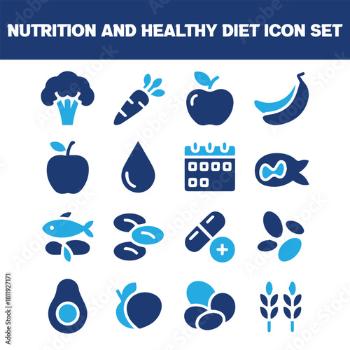 Nutrition and Healthy Diet Icon Set: Fruits, Vegetables, Supplements, and Wellness Symbols