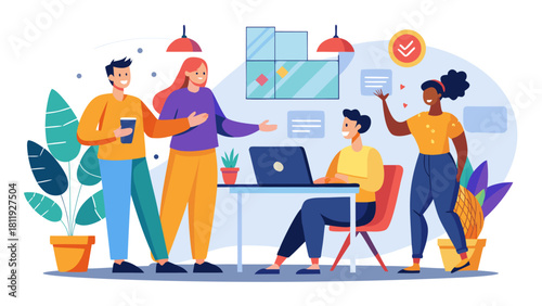 Diverse team collaborating in a modern office environment