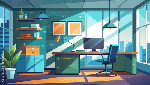 Modern office workspace with city view and sunlight