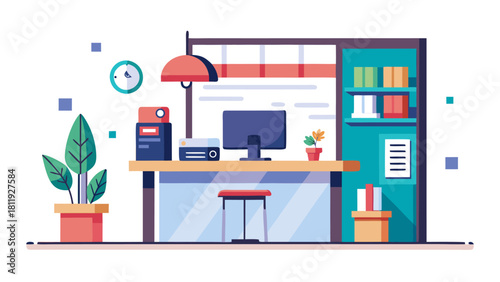 Modern office reception desk with computer and plants