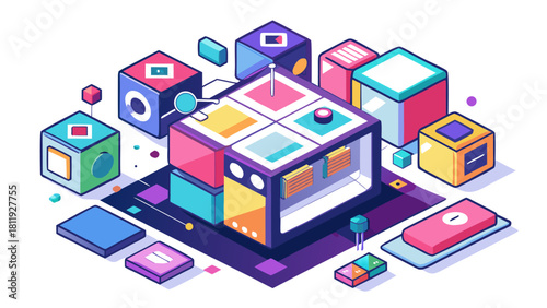 Abstract isometric cubes and geometric shapes in vibrant colors