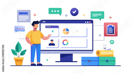 Man interacting with digital dashboard and business analytics