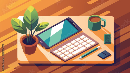 Modern desk setup with technology and green plant