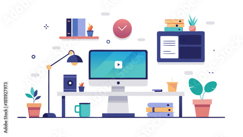 Modern home office desk setup with computer and plants