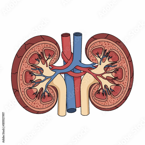 Cross-Section of Kidneys with Blood Vessels and Internal Structures.