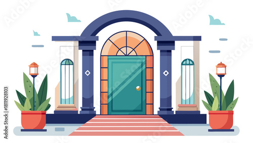 Elegant entrance with teal door and arched portico