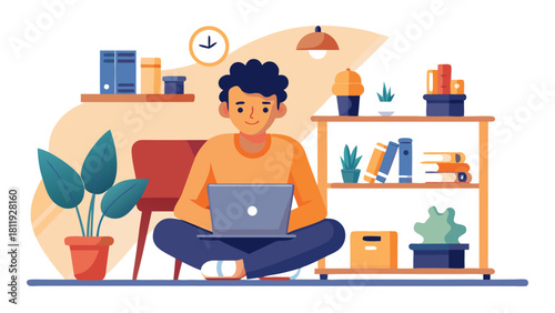 Young man working on laptop at home with plants and books