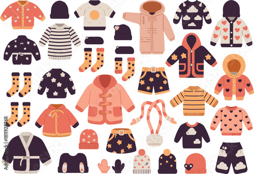 Children’s winter clothing collection, colorful jackets, sweaters, pants, hats, mittens, scarves, vector illustration set for fashion design, retail, catalog, and seasonal content