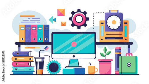 Modern office desk with computer and colorful supplies