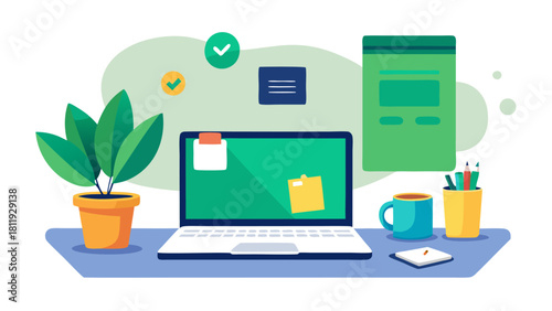 Modern workspace with laptop plant and coffee mug