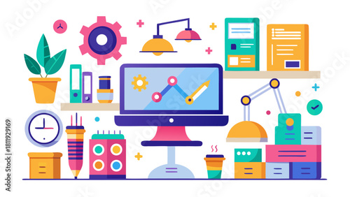 Modern office workspace with technology and data visualization