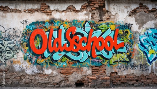 A wall with red graffiti with text “OldSchool.”
