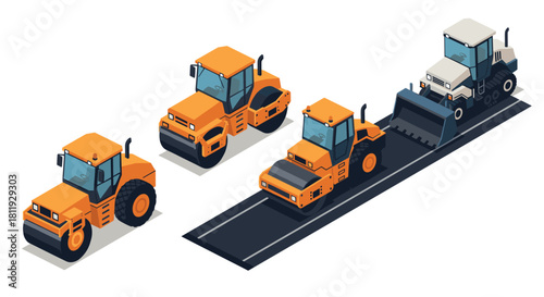 Isometric construction scene with vehicles and traffic cones