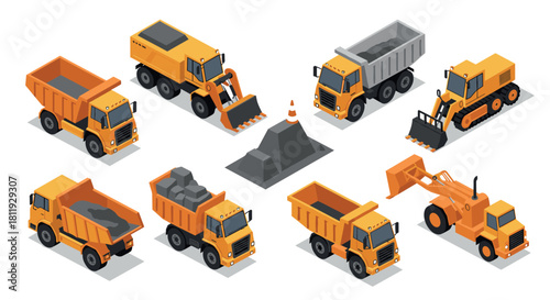 Isometric construction vehicles and machinery set in modern style