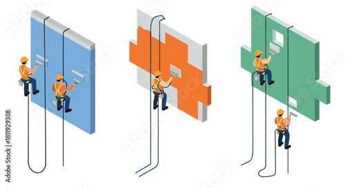 Construction worker with asphalt compactor in isometric style