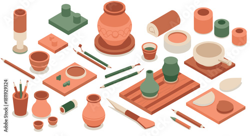 Isometric ceramic art supplies and pottery tools for crafts and creativity