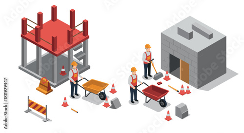 Pottery shop isometric design with people working on laptops and crafting ceramic pots