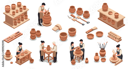 Isometric pottery workshop crafting clay with artisans and handmade tools