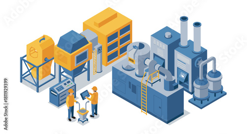 Isometric pottery workshop collection with artisans and equipment in earth tones