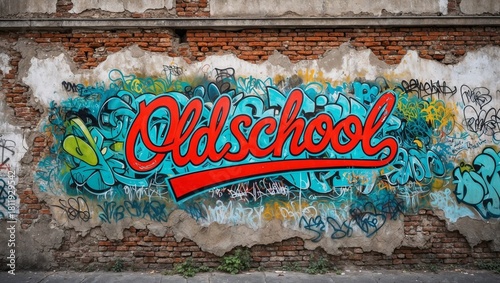 A wall with red graffiti with text “OldSchool.”
