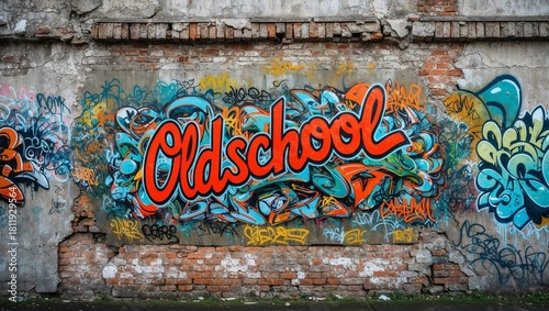 A wall with red graffiti with text “OldSchool.”

