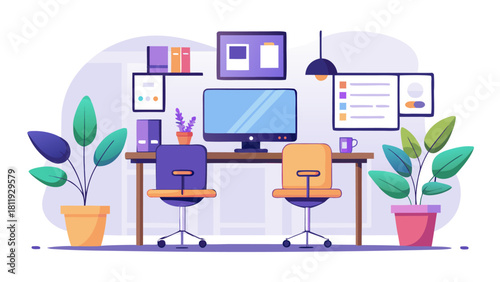 Modern home office setup with two desks and plants