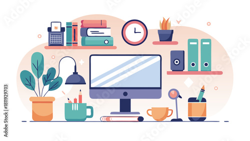 Modern flat design home office workspace with computer and supplies