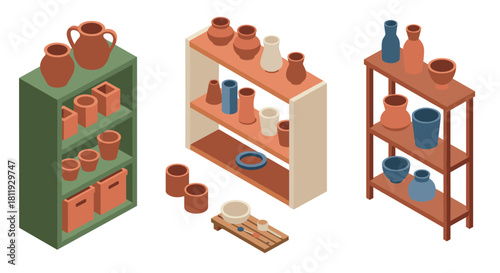 Isometric road barriers set with safety lights for construction zones