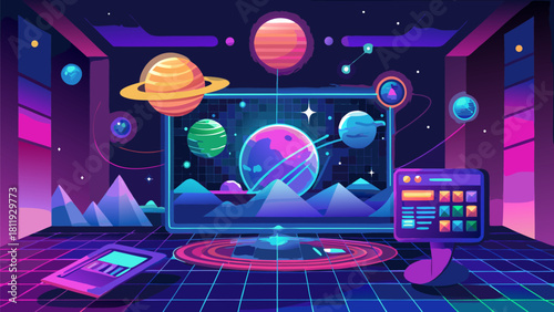 Retro futuristic neon space station with planets and digital interface