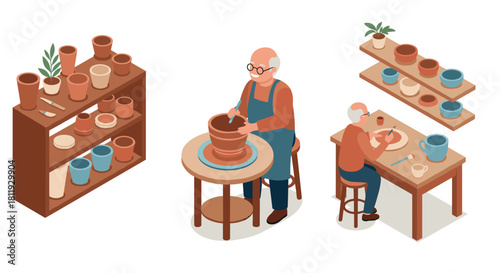 Elderly potter crafting ceramics in isometric workshop with shelves of clay pots