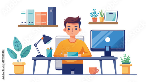 Young man working at his desk with computer and plants